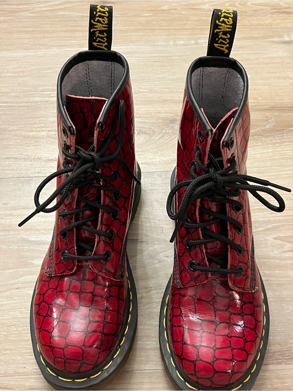 Dr. Martens Red Croc-Embossed Lace-Up Boots with Black Laces